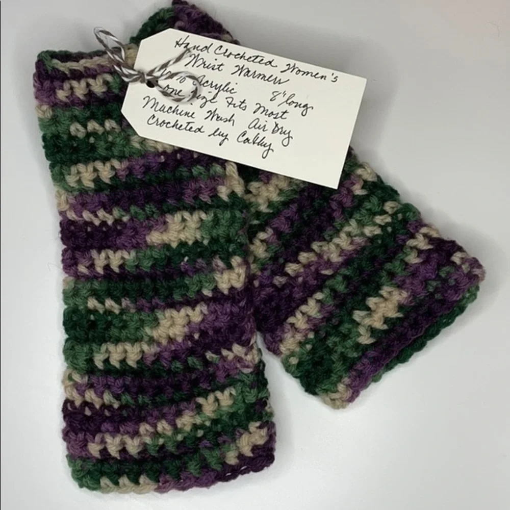 Handmade Fingerless Gloves OSFM Purple Green Tan Crochet Knit Contemporary